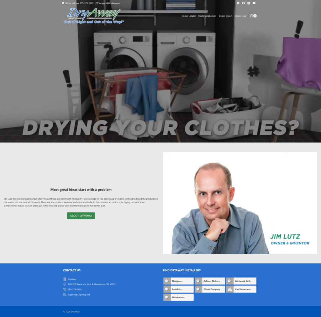 DryAway dealer website with links for applications, dealer orders and dealer login