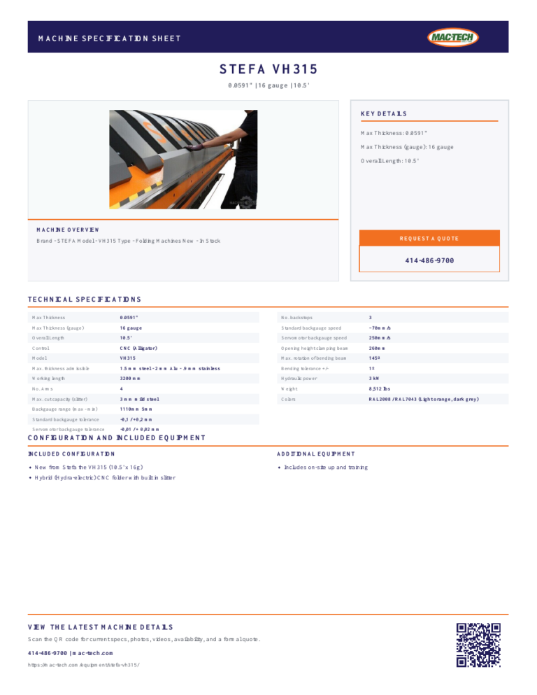 Mac-Tech STEFA VH315 machine specification sheet with product details and a QR link